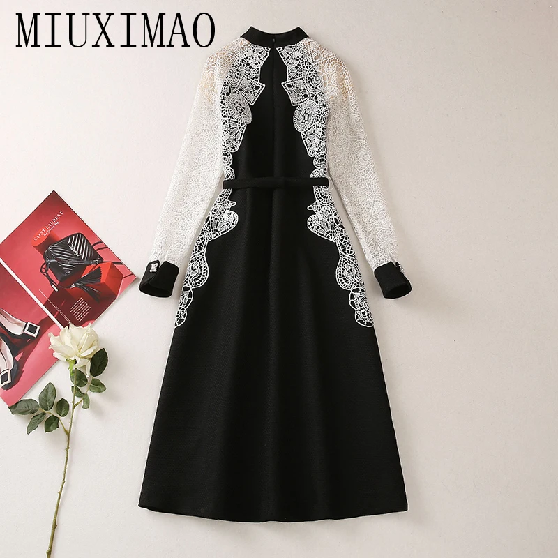 Imagem -02 - Miuximo-elegante Vestido Longo com Cinto de Renda para Mulheres Manga Comprida Decote em v Moda Primavera e Verão 2024 Alta Qualidade