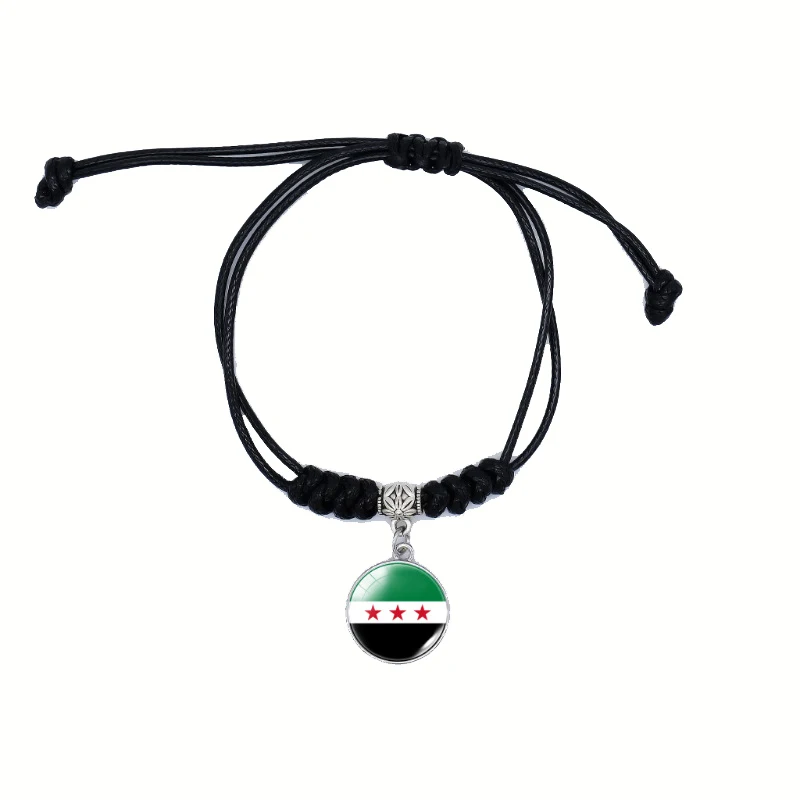 New Syria Flag Pattern Gemstone Pendant Bracelet Simple Style Black Hand Rope Bracelet Adjustable Length For Men Women Jewelry