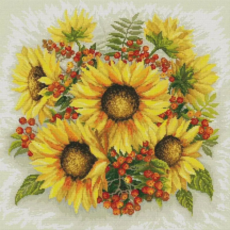 Ramo de girasoles para manualidades, kit de punto de cruz con patrón de flores, tela blanca impresa, juego de bordado de costura, Aida 14CT 16CT 11CT