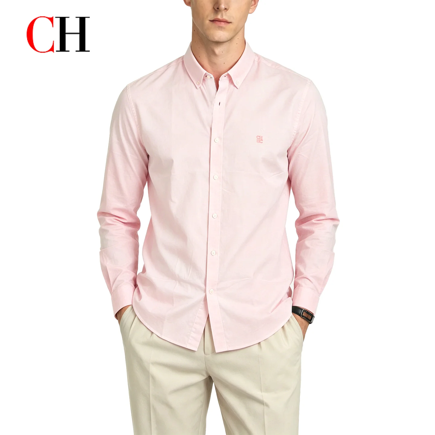 CH Mens Button Down Collar Tiny Letter Chest Embroidery Long Sleeve Oxford Shirt Office Daily Smart Top