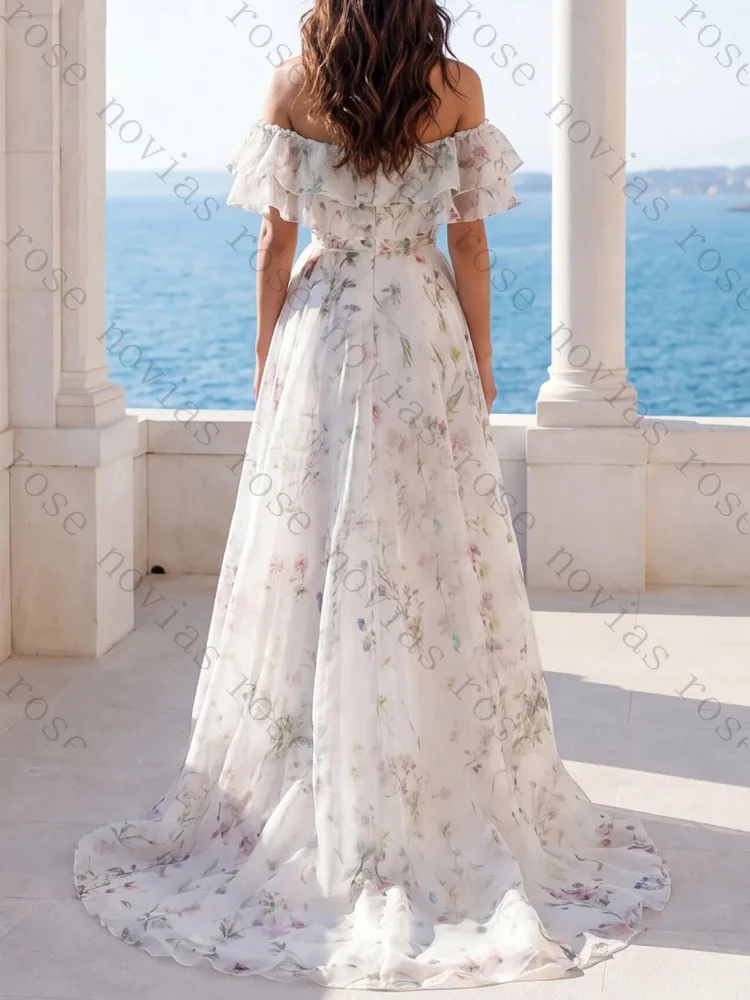 Customized Off Shoulder A Line Ruffled Short Sleeves Wedding Dresses Elegant Backless Formal Dress High Quality Prom Party Gowns