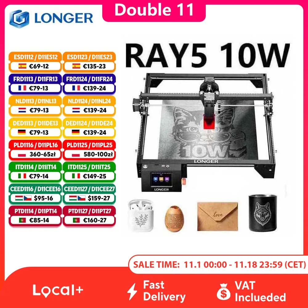 Graveur et découpeur laser LONGER RAY5 10W avec écran tactile, gravure hors ligne, chipset 32 bits, point laser 0,06×0,06 mm, zone de travail 400×400 mm pour le bois, l'acrylique, le cuir et le métal, pour cadeaux personnalisés, décorations de mariage, gravure sur bois, loisirs créatifs DIY
