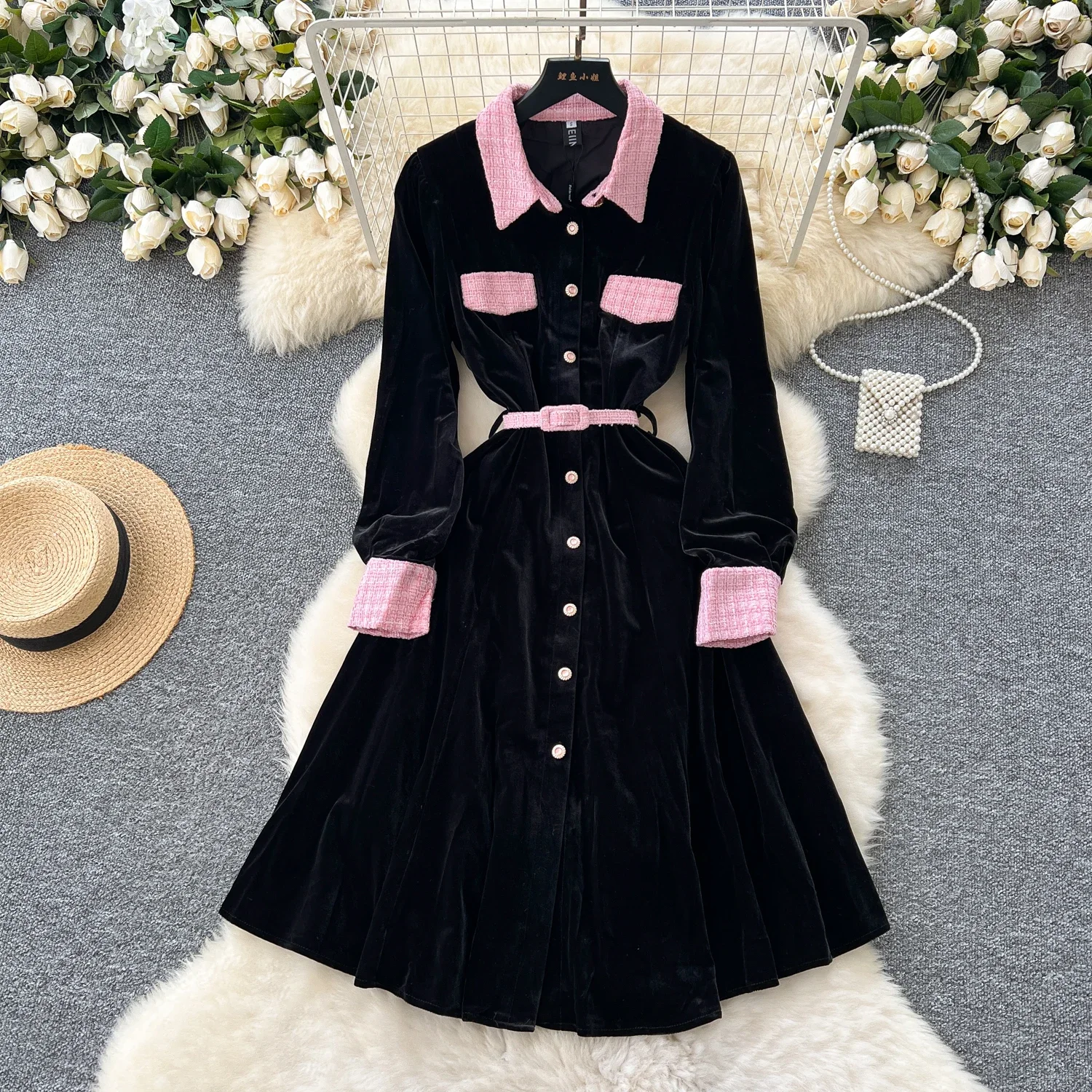 French Chic Elegant Long Sleeve Lapel Velvet Dress Sexy Vestidos High Waist Women Autumn Ceremonial Dress