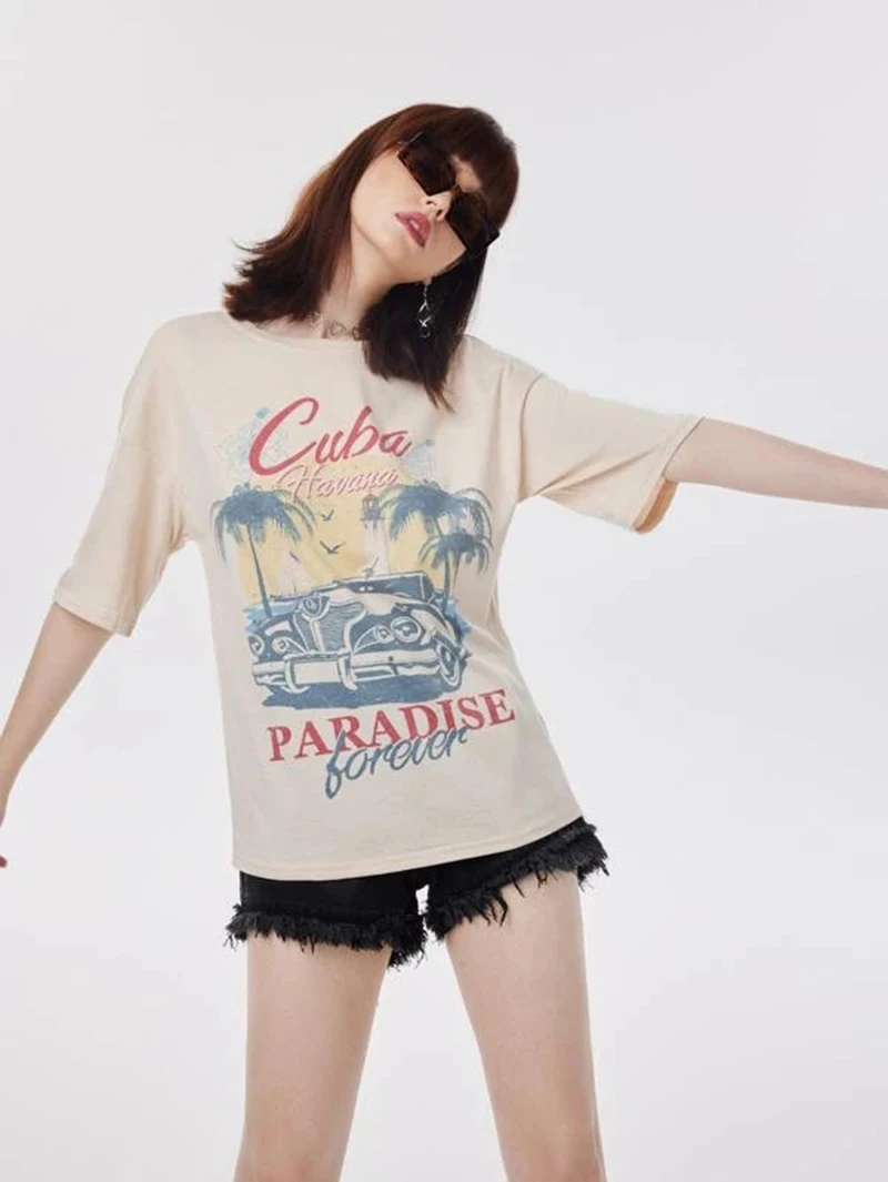 Cuba Havana Vintage Car Tropical T-Shirt Women Summer Casual Oversized Vacation Beach T Shirt Cute Aesthetic Holiday Tops