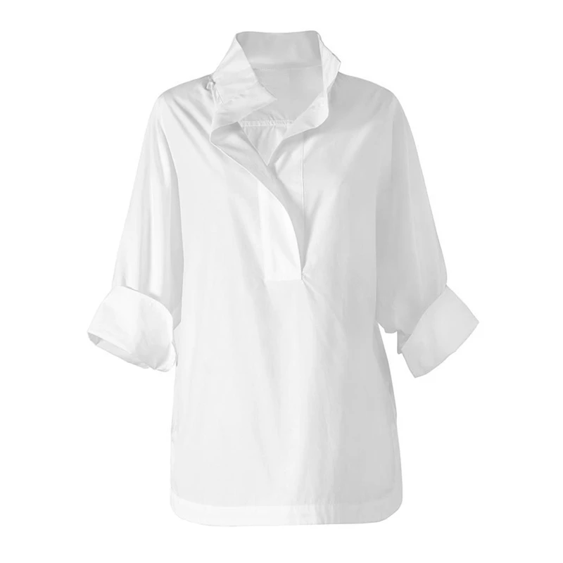 Camisa informal de algodón para mujer, blusa holgada de manga tres cuartos con cuello alto, color blanco, nueva moda de otoño, 2022