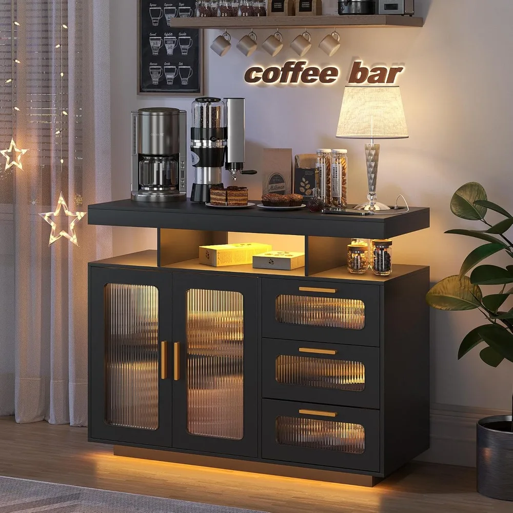 Coffee Bar Cabinet with RGB Light & Charging Station, Black