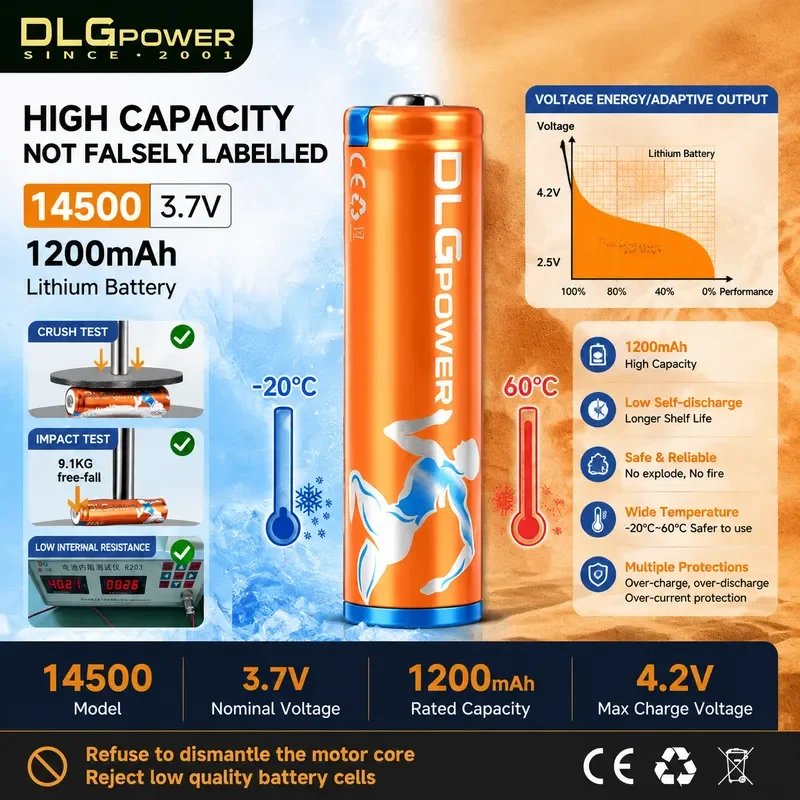 14500 AA Li-ion Battery 3.7V 1200mAh Rechargeable Battery Lithium Batteries 1000 Times for LED Flashlight Toys DLGPOWER