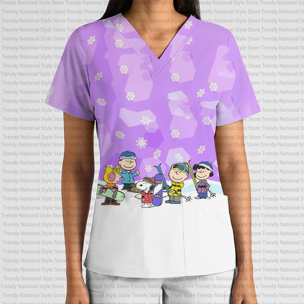 2025 جديد المرأة عيد الميلاد سلسلة الكرتون أنيمي قصيرة الأكمام العمل موحدة الخامس الرقبة طباعة فرك هدية عيد ميلاد تي شيرت #1