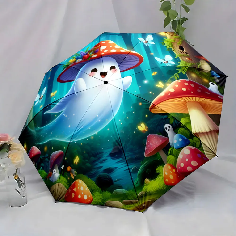 1PC Whimsical Ghost Forest-Themed Umbrella Print 8 Iron Ribs Folding Umbrella Auto-Open Fashion Sunshade
