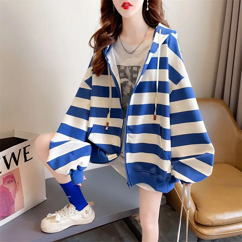 Striped Hooded Thin Sweatshirt Jacket for Female Students New Casual Small Top Trendy