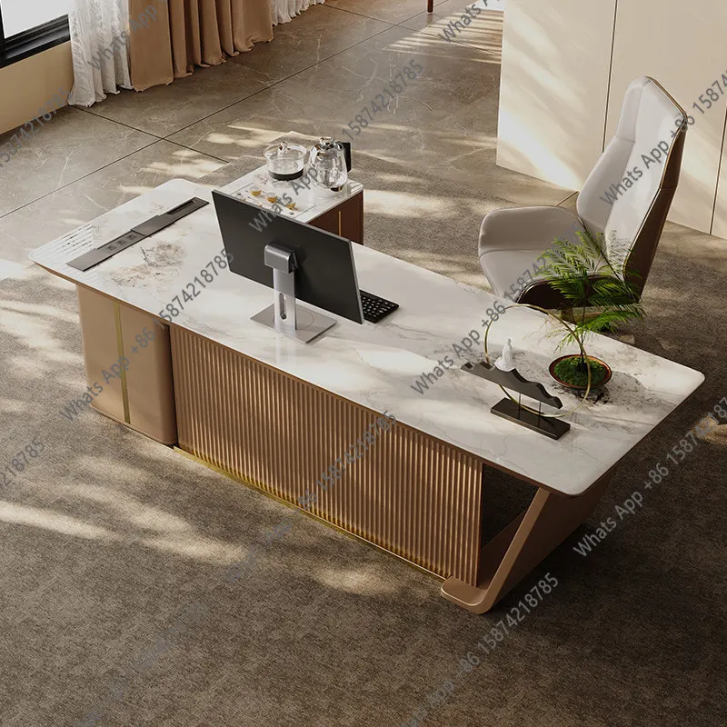 New light luxury desk high-end rock slab book table and chair combination boss table corner storage office