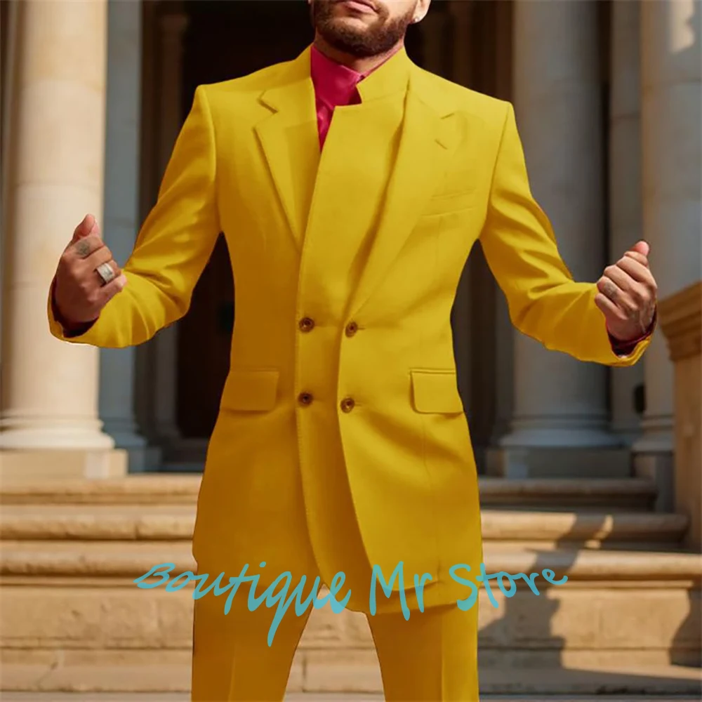 

Charming Suits for Men Yellow Double-Breasted Notch Lapel Jacket+Pant Set 2Piece for Formal Evening Banquet Wedding Party Outfit