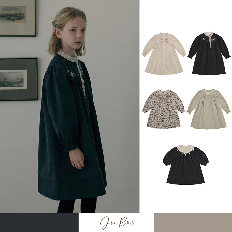 

Dress Grils Children New Autumn Winter Outwear Fashionable Comfortable Loose Elegant Smocked Lace Long-sleeved Dress