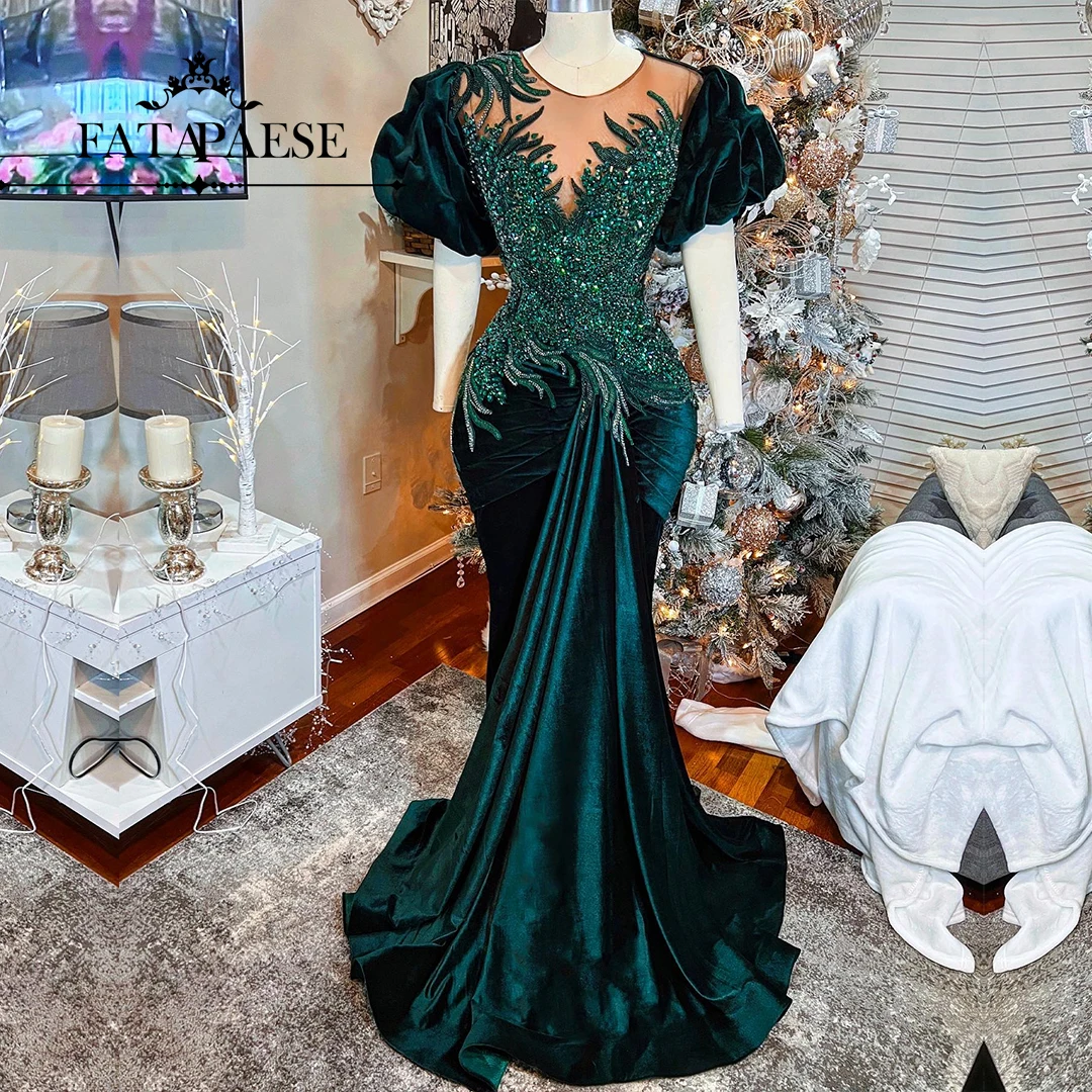 

FATAPAESE Customzied Evening Dress Elegant Beaded Pearl Lace Appqulies Bodicde Illusion-neck Velvet Skirt Mermaid Formal Gow