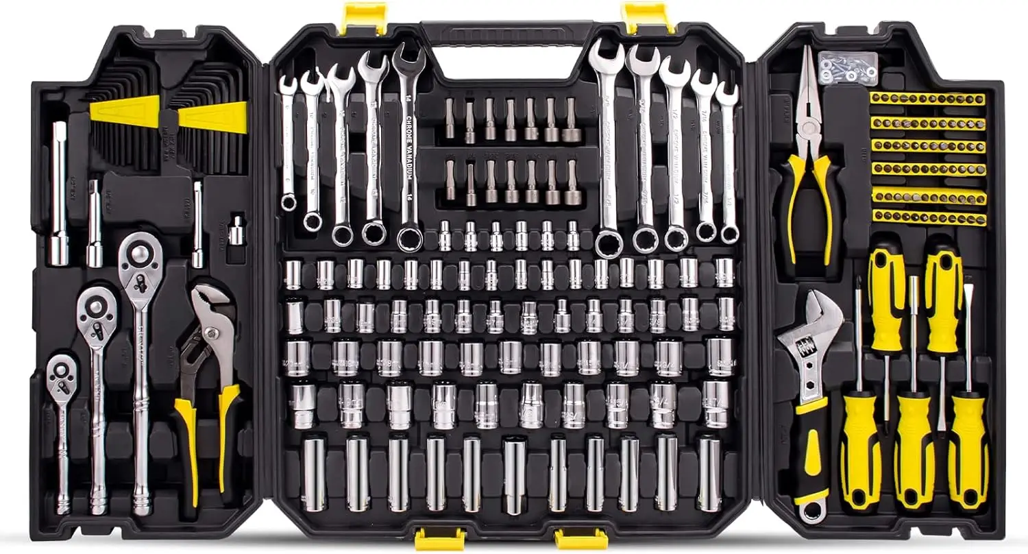 303PCS Mechanic Tool Set, DIY Hand Tool Kit Set, Auto Repair Tool Box, Multi-Function Organizer with Black Storage Case