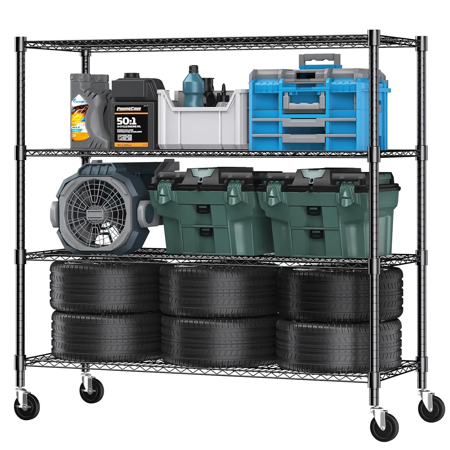 

72" H Storage Shelves 4 Tier Metal Shelving Adjustable Wire Shelf with Wheels, Heavy Duty Shelving for Garage, Customized