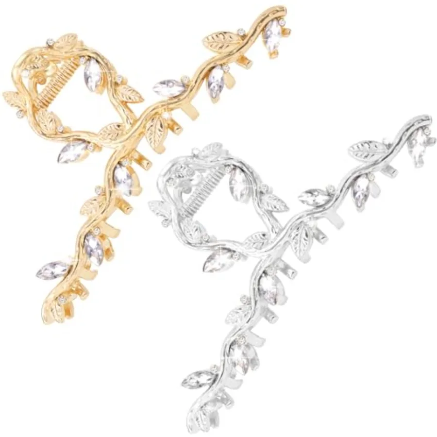 

2PCS Rhinestone Hair Claw Clips KC Gold/Silver Plated Metal Hair Clips Leaves Vine Fancy Crystal Hair Claw Barrettes Large Vint
