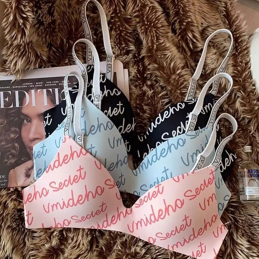 Letter Shoulder Strap Underwear Girl Small Chest Gathering No Steel Ring No Trace Closing Breast Soft Support Pull Up Bra Cover
