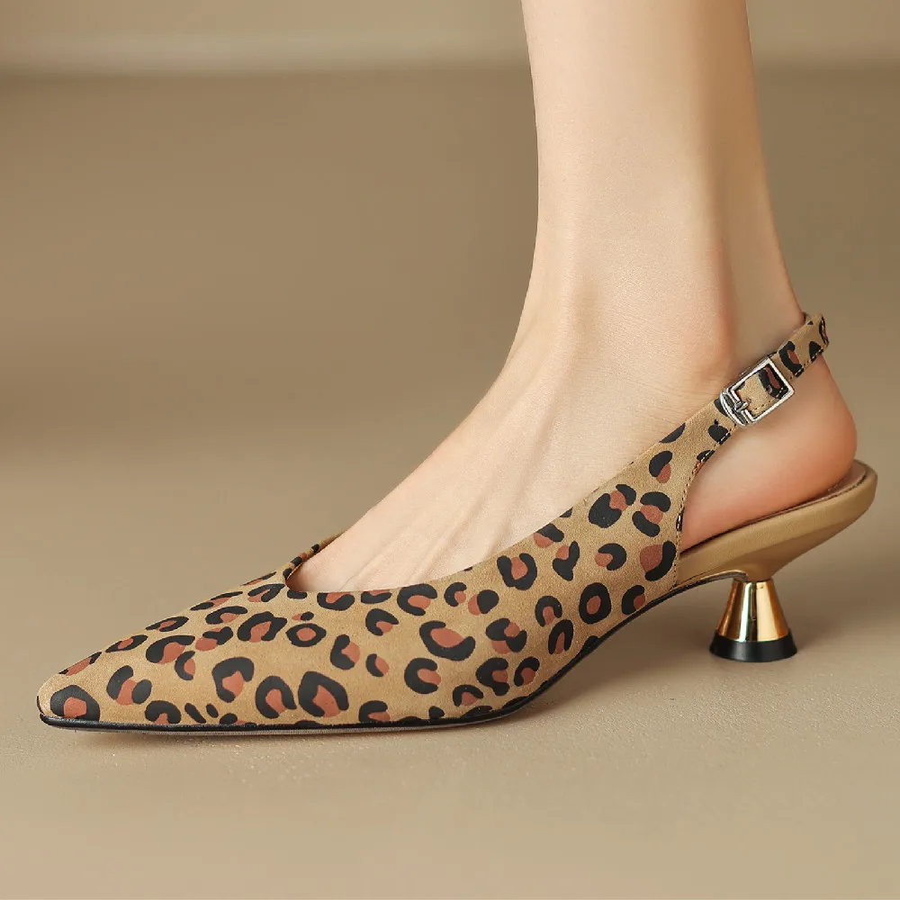 Women\'s pumps trend 2023 natural suede leather leopard elegant ladies lingback heeled dress sandals summer daily shoes for women