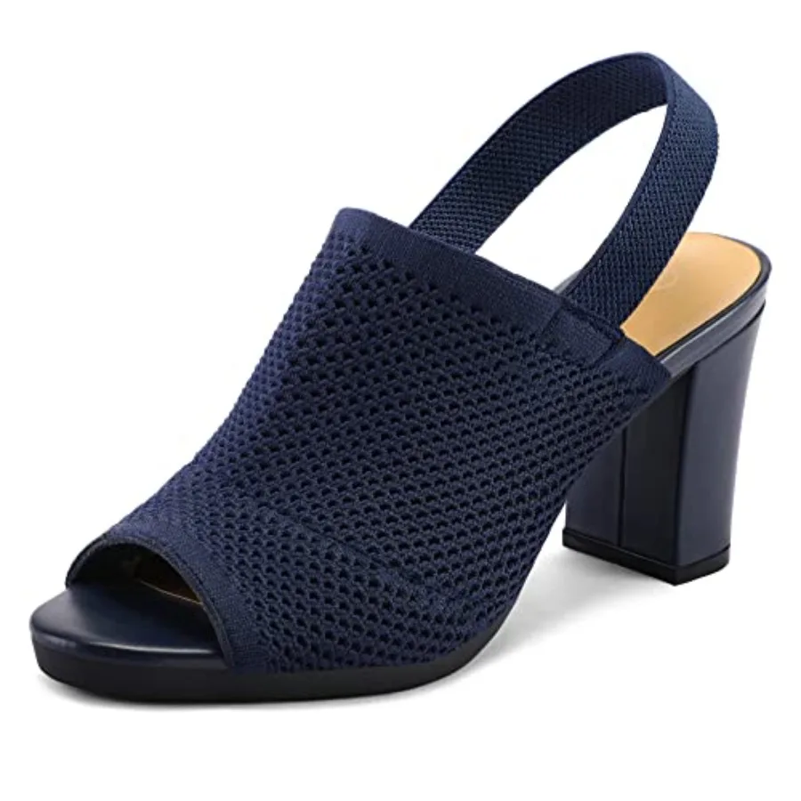 

Women's Knit Chunky Block High Heels Elastic Slingback Open Toe 3 Inch Heeled Sandals