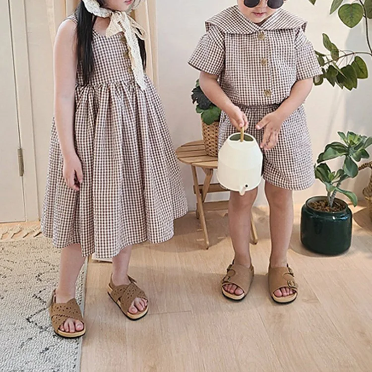 Brother Sister Clothes Set College Plaid Girls Suspenders Long Skirt Boys Two Piece Plaid Suit Summer Sailor Collar Boy\'s Suit