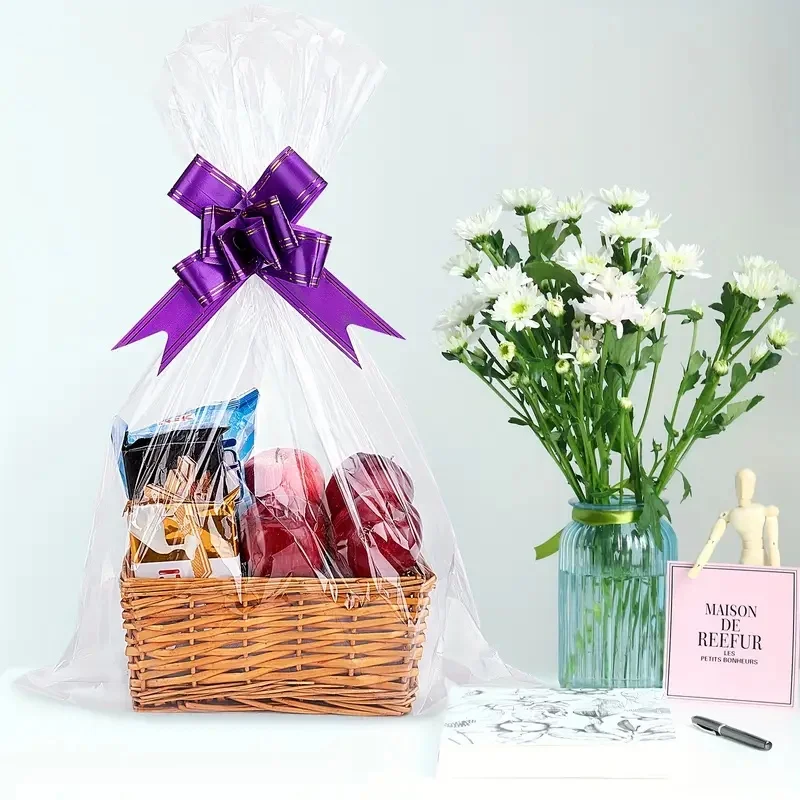 10/20/30 Stück große Geschenktüten aus Zellophan mit buntem Schleifen- und Kordelendesign, ideal zum Verpacken von Obstkörben, für Picknicks im Freien und als Geschenk für Geburtstagsfeiern. – Detail 2