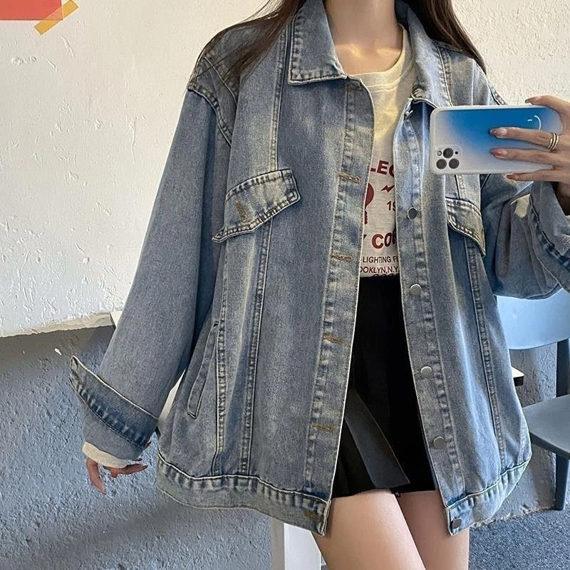 

​2025 Spring Autumn Women Denim Jacket Niche Harajuku Style Loose Casual Mid Length All Match Boyfriend Loose Outerwear​