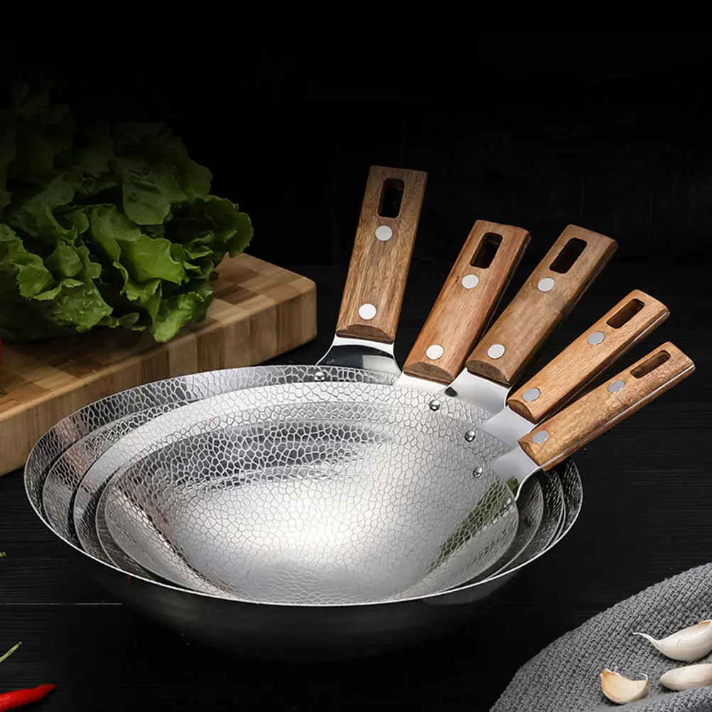 Kitchen Cooking Pan Stainless Steel Wok Frying Pan Thicken Hot Pot Traditional Wok W/ Wooden Handle Restaurant Fried Meat Pot