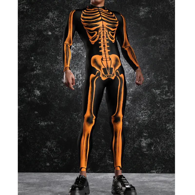 

Хэллоуин новый скелет узор 3D печатный цельный боди сценический костюм