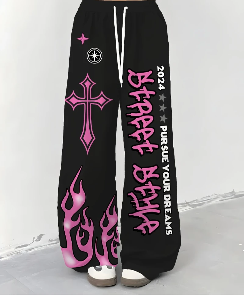 

Plus Size Wide-Leg 3D Flame & Jesus Cross Print Pants - Gothic Streetwear with Pink Straight-Leg Fit 100% Polyester Hip-Hop Wide