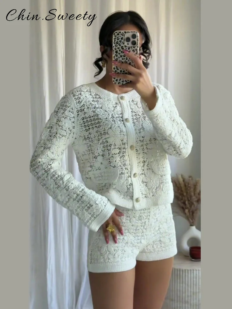

Elegant Crochet Cardigan Shorts Set Women O-neck Full Sleeve Single Breasted Top Elastic Waist Pant 2025 Summer Lady Streetwear