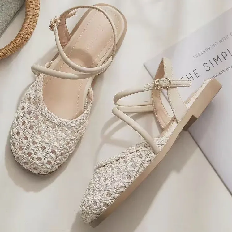 French-style Closed-toe Sandals for Women, Summer Hollow-out Single Strap, Chunky Heel, Large Size view 3