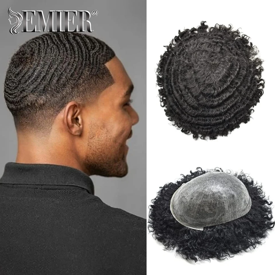 

10mm Afro Curl Wig For Men Off Black Indian Human Hair System Unit 8x10 Male Unit Prosthes 0.06-0.08mm PU Toupee For Black Men