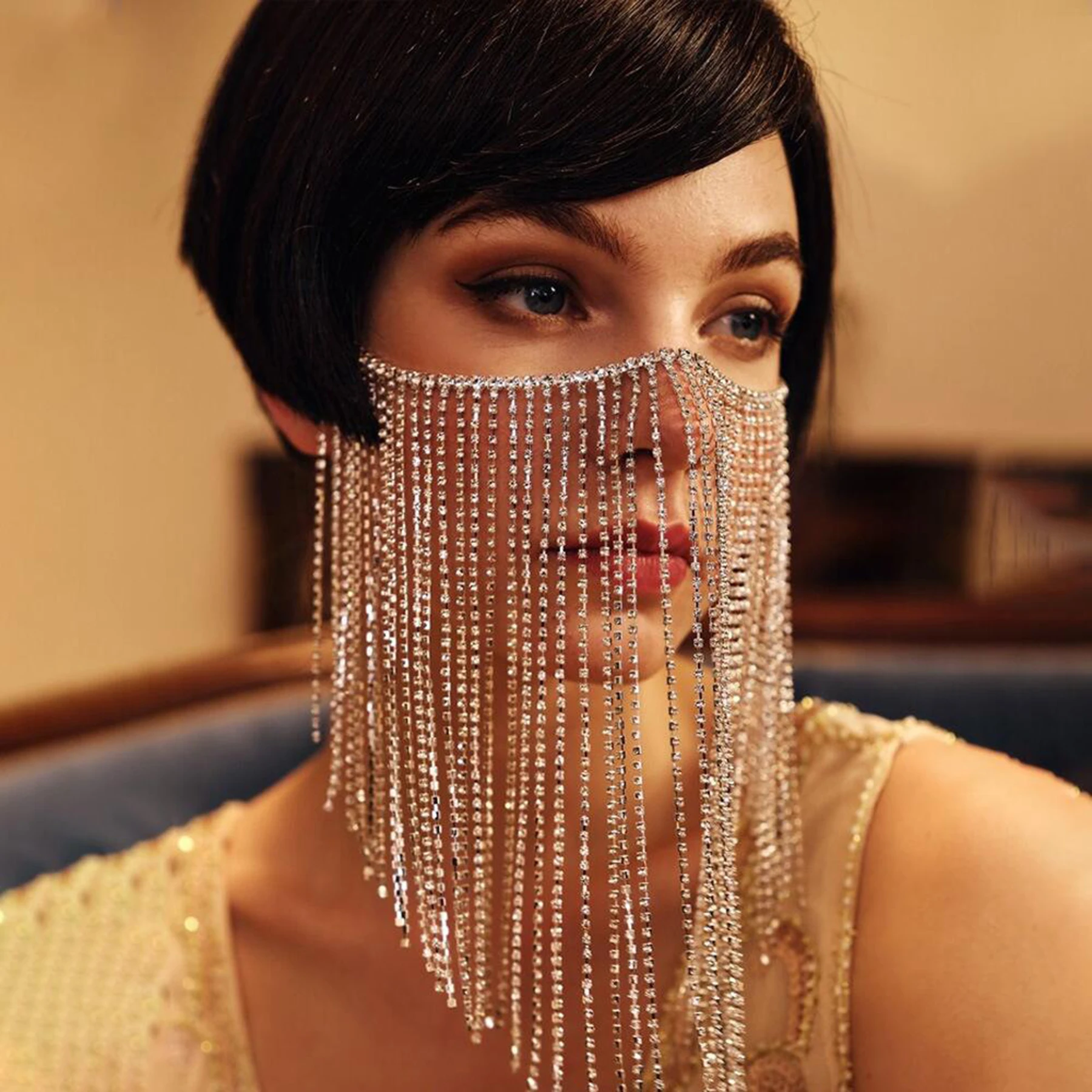 Trendy Triangle Multi-layer Rhinestone Chains Tassel Jewelry Mask Sexy Personalized Nightclub Banquet Party Women's Face Chain