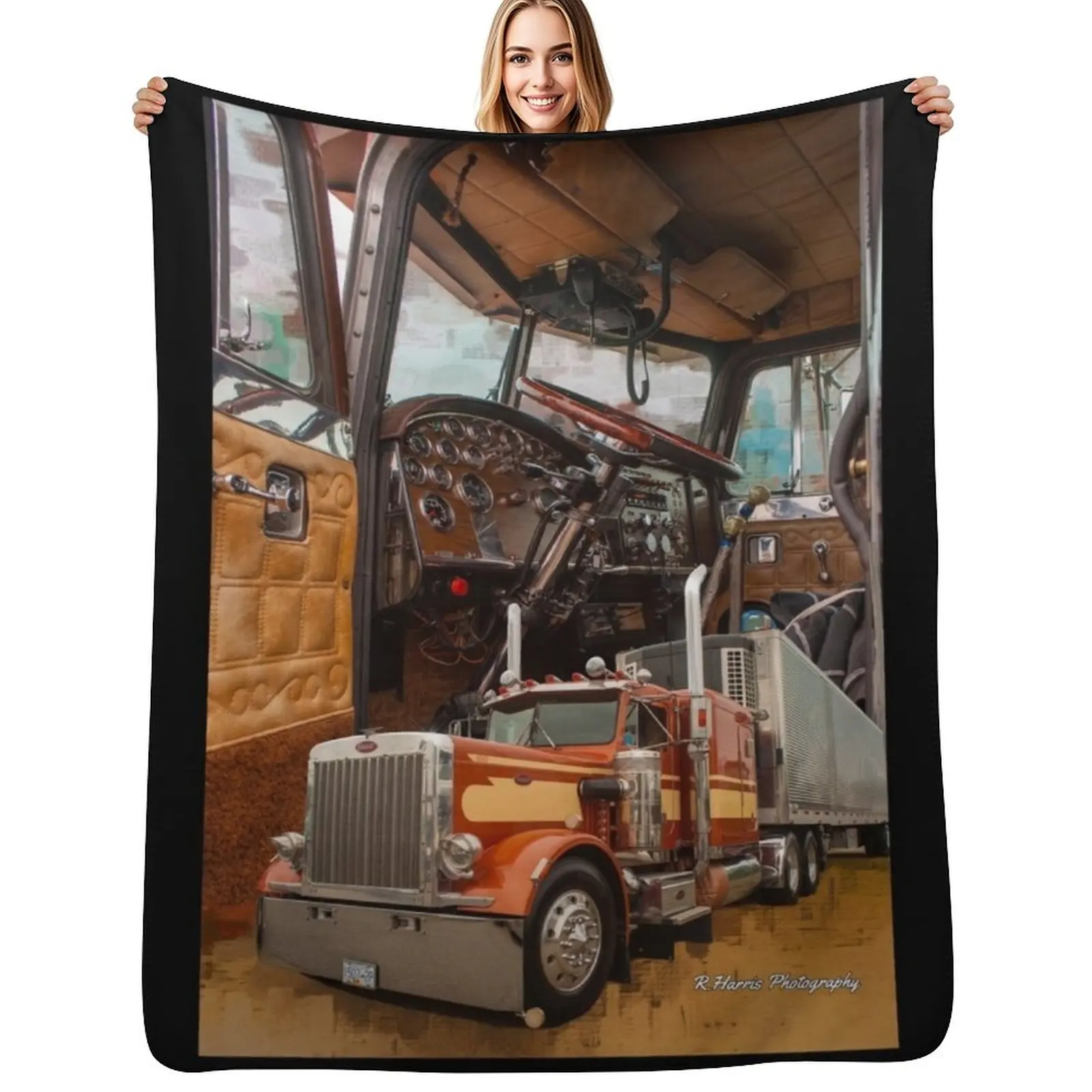 

Old School Peterbilt Interior and Truck Throw Blanket Custom Fashion Sofas Warm Flannel Blankets