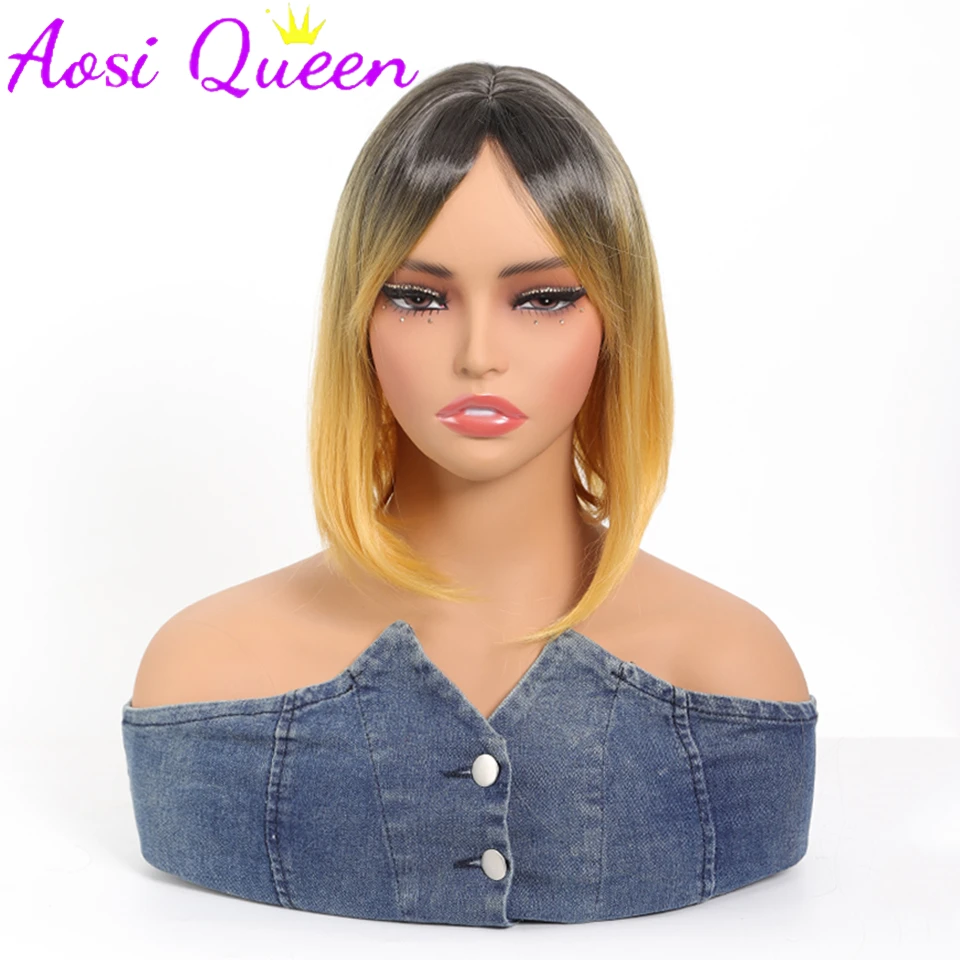 AOSI Drifting And Dyeing Gradient Short Wig Bob Natural Wigs With Bangs Unisex Cos Wig Daily High Quality Synthetic Wig