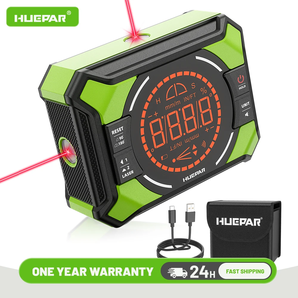 Huepar Digital Laser Angle Gauge Electronic Protractor Angle Finder With LCD display Screen & Magnetic Inclinometer Laser Dot