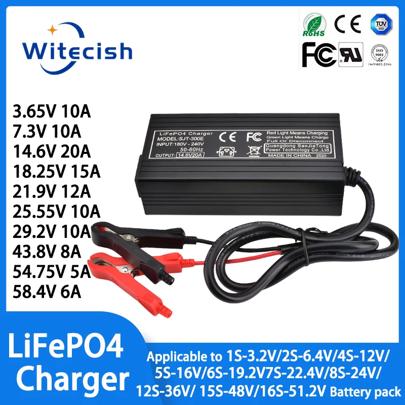 LiFepo4 Charger 3.65V 10A 7.3V 10A 14.6V 20A 18.25V 15A 21.9V 12A 25.55V 10A 29.2V 10A 43.8V 54.75V 58.4V 6A for LiFepo4 Battery