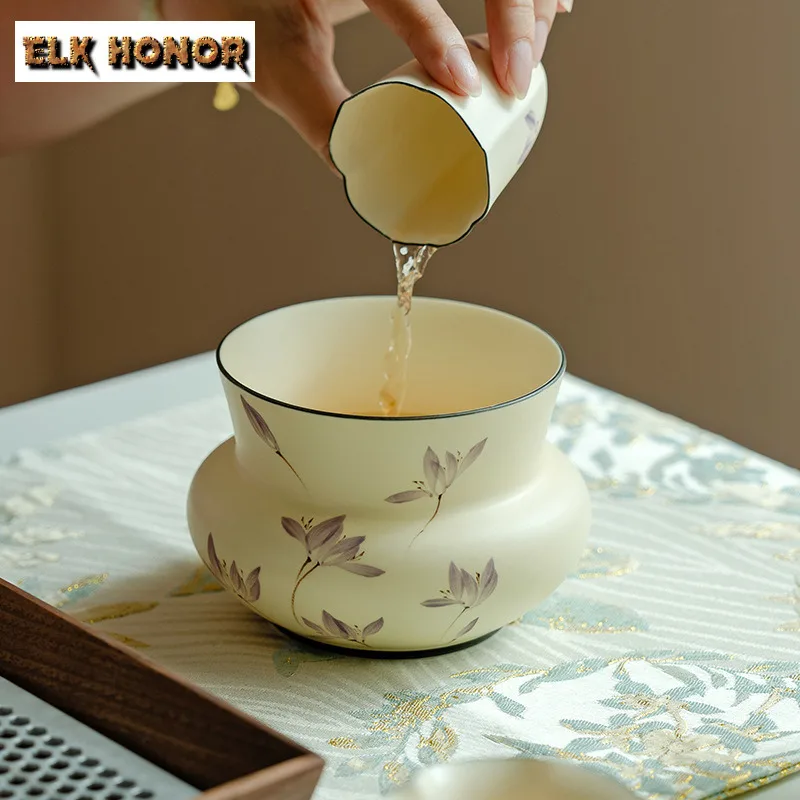 380ml Powder Yin Pure Hand Drawn Purple Orchid Jianshui Washing Cup Bowl Tea Residue Bucket Household Chaxi Teaware Decoration