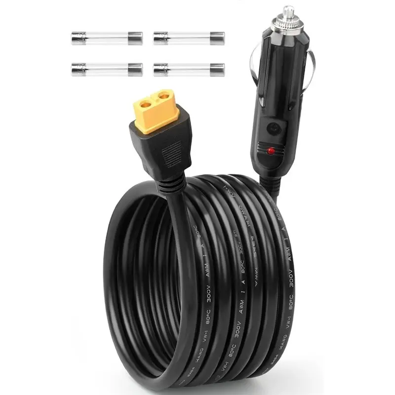 SQPP-For Power Station Compatible 12V/24V Car To XT60 Cable- 14AWG 6.6FT, Includes 4 Fuses For Ecoflow Delta 2, Bluetti