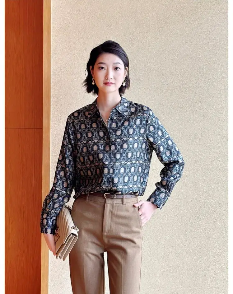 Old Money Aesthetic Women Shirt Vintage Print Luxury Brand Design Women Shirts 2025 Spring Long Sleeve Elegant OL Blouse camisas