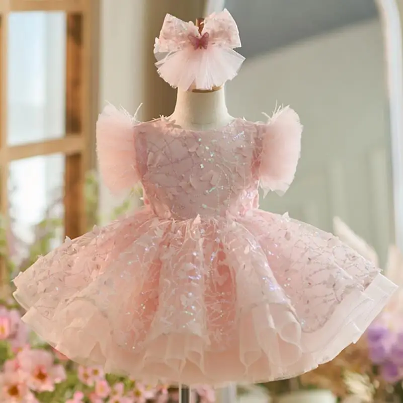 

Girls Pink Sequins Evening Gown Children's Wedding Birthday Baptism Party Flower Girl Dresses a4069 Vestidos Bridesmaid Dresses