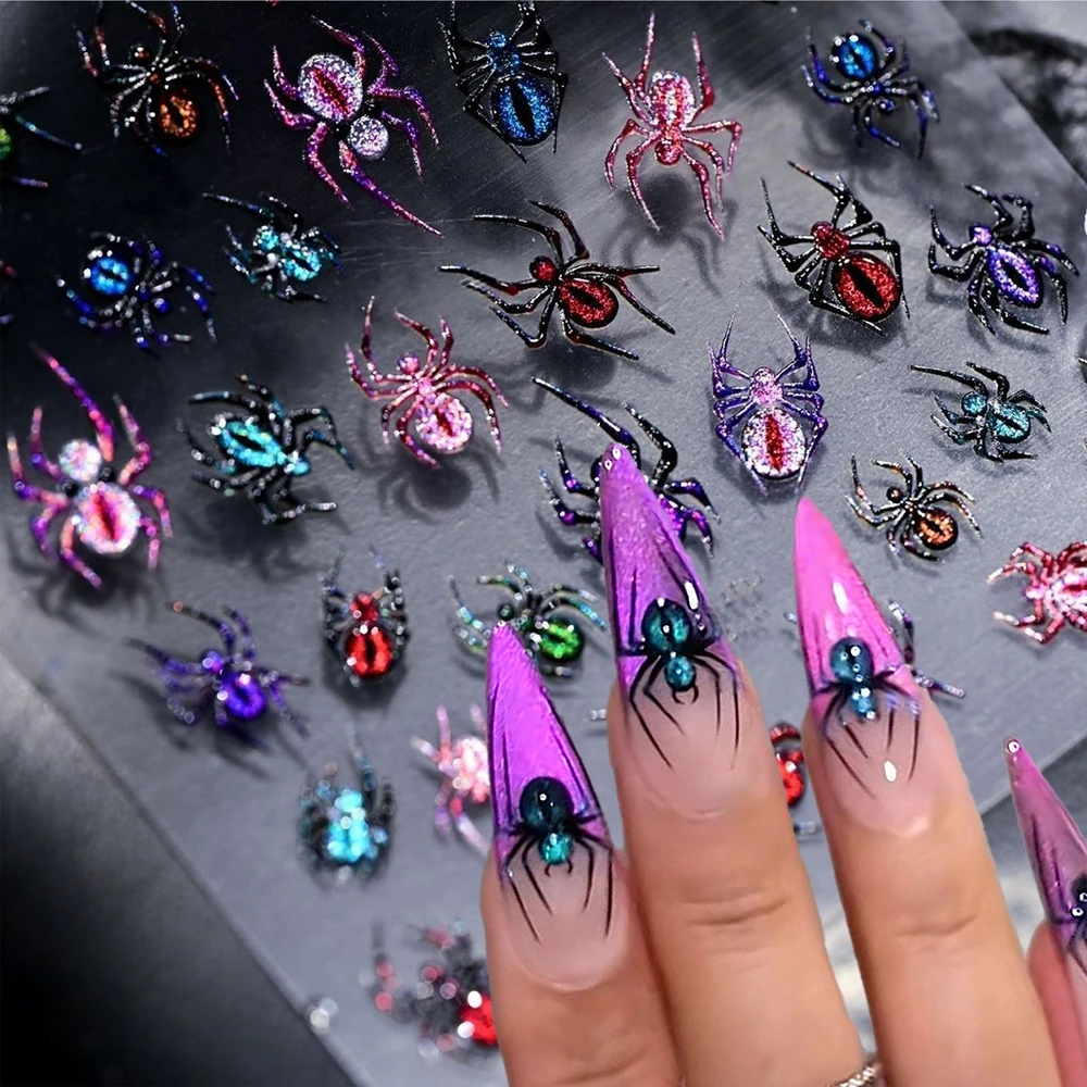 1Pcs Colorful Gothic Spider Nail Sticker 5D Blue/Pink/Purple Glitter Spiders Self-Adhesive Nail Decals Y2k Punk Manicure Slider#