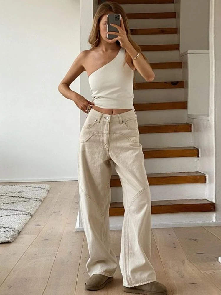 Beige Jeans Women Trendy European Style Loose Casual High Waist Spring All-match Streetwear Ins Hotsweet Simple New Full Length