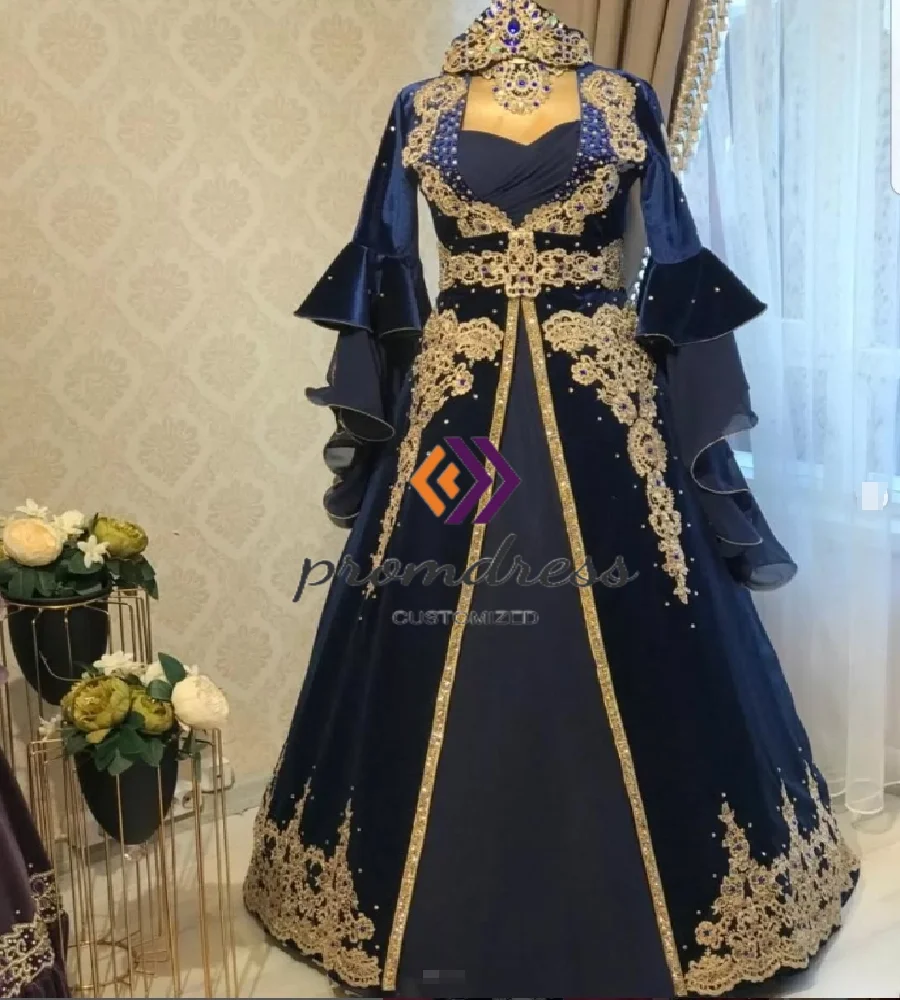 Luxury Navy Ottoman Evening Dress With Gold Applique Long Sleeve Beaded Muslim Prom Dress Arabian Kosovo Turkish Formal Birthday