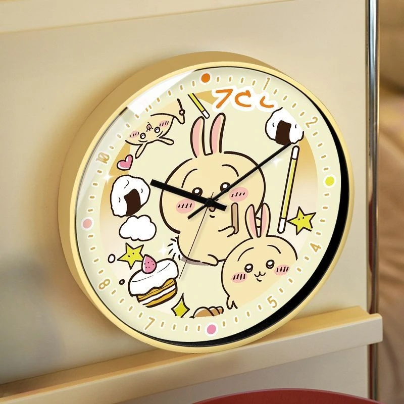 Anime Cartoon Kawaii Chiikawa Wall Clock Quartz Watch Glass Mirror Single Sided Round Battery Type Household Use Creativity Mute