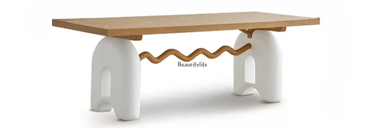 

ld 14 French cream style solid wood dining table log color rectangular retro home table