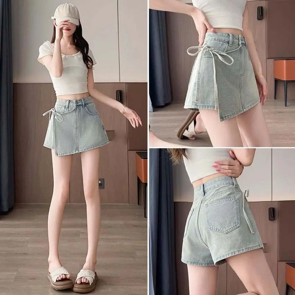 

Lace-up A-line Skirt Shorts Wide Leg Y2K Fake Two-piece Skirt Spicy Girl Style High Waist Baggy Blue Jeans Skirt Spring Summer