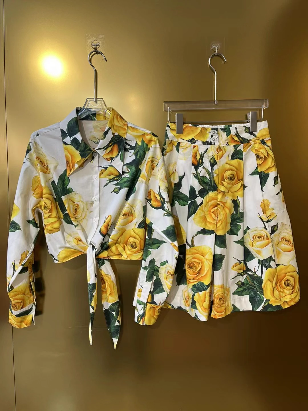 

High-Quali Cotton Print Yellow Rose Flower Top And Skort Set Faionable Godd D Home Women's Ensemble ort Sve Long ...