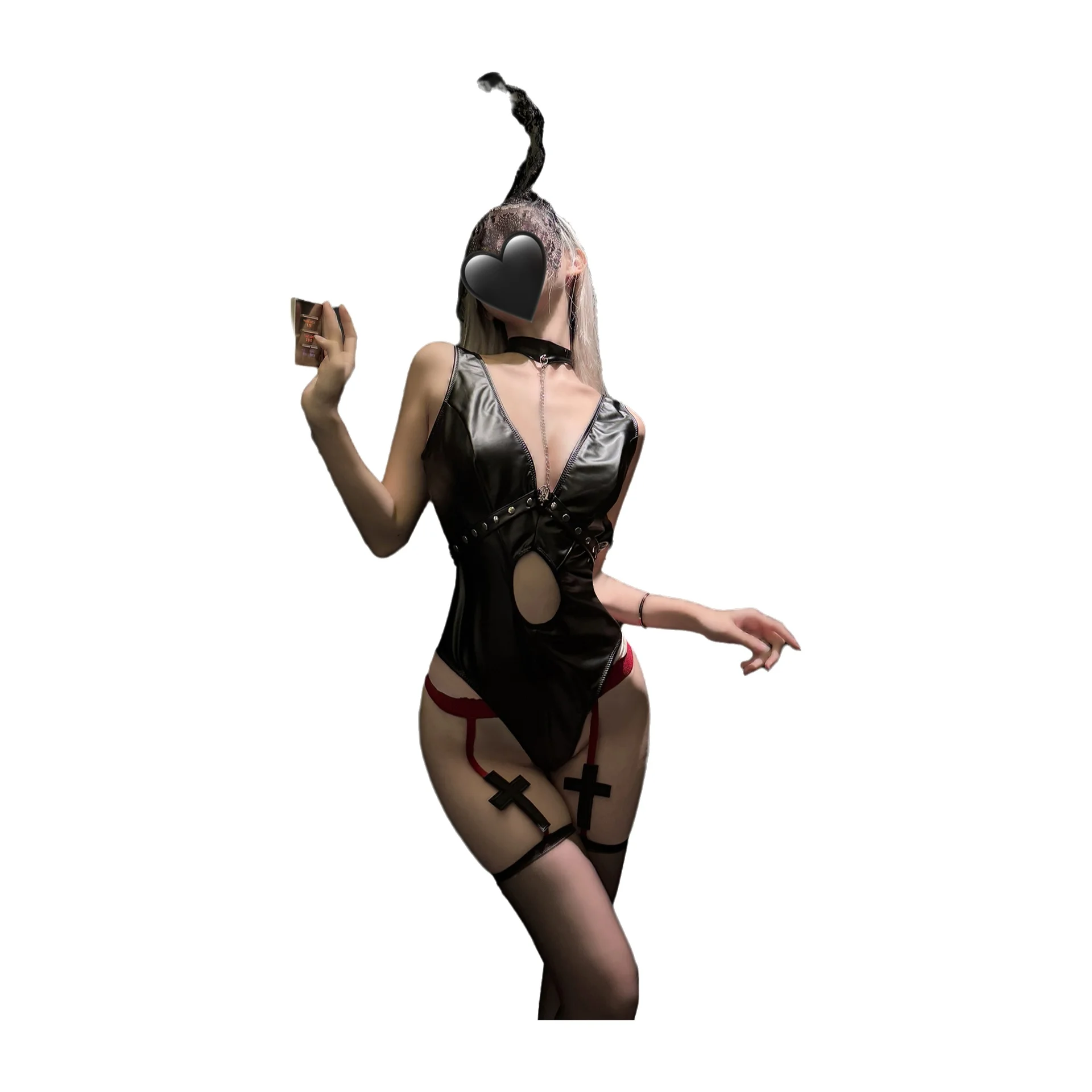 New Matte PU Leather Bodysuits Sexy Hollow Out Backless Backless Deep V Suspenders Sleeveless Hollow Out Bodysuits Charming 781B